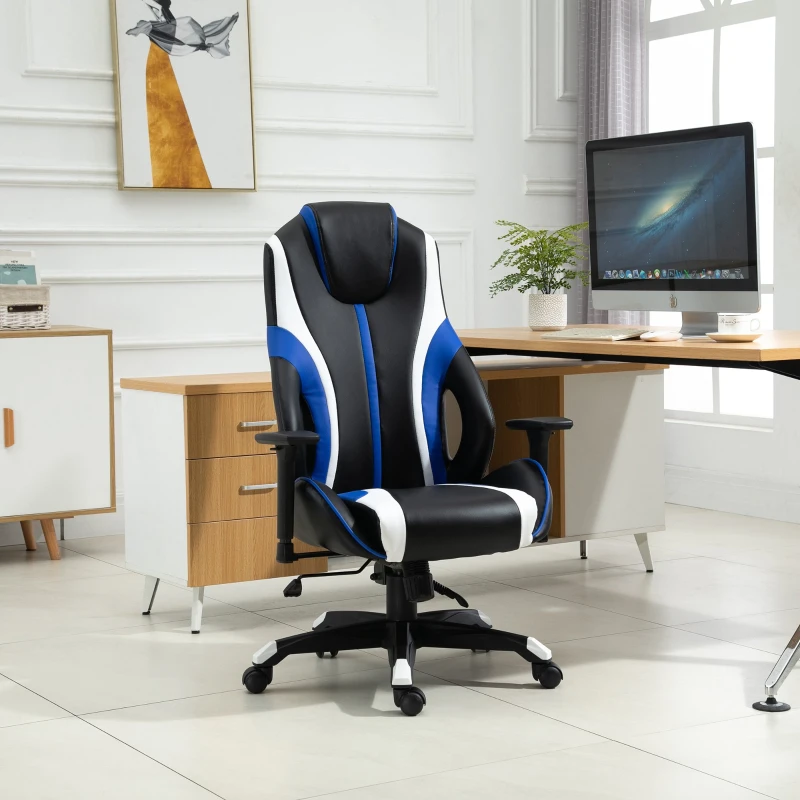 Vinsetto Stylish Striped PU Leather High Back Office Chair w/ Rotating Armrests Reclining Back Adjustable Height 360° Swivel White Blue Black