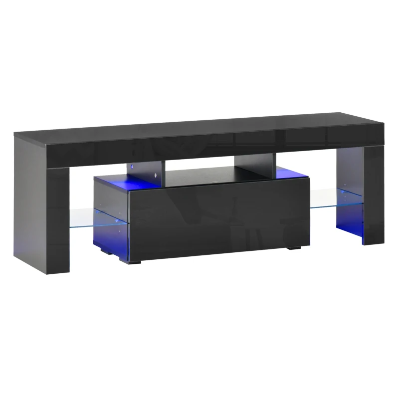 HOMCOM High Gloss TV Stand Cabinet with LED RGB Lights and Remote Control for 43"/50"/55" TV, Media TV Console Table with Compartment, Black