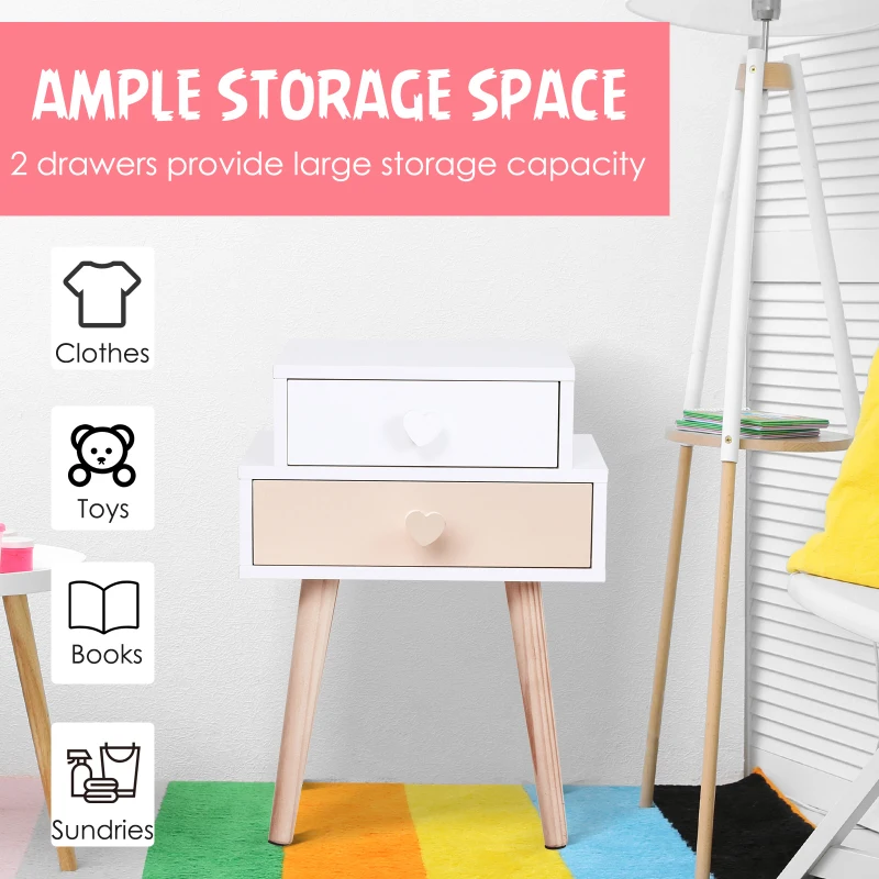 HOMCOM Children Bedside Table Set of 2 w/ Two Drawers Bedroom Kids Storage Cabinet Chest Pink & White 42 x 30 x 57 cm