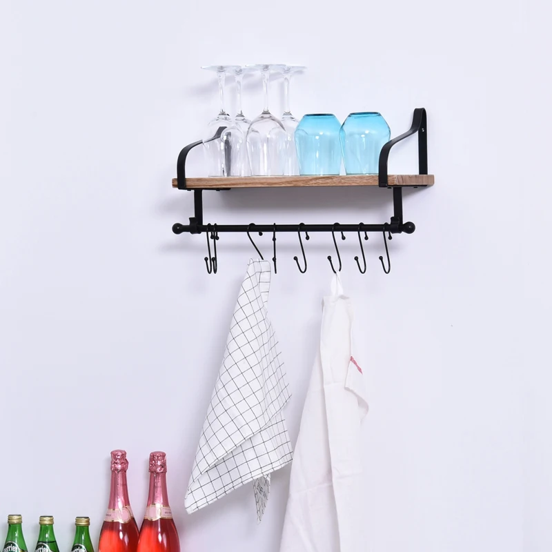 HOMCOM 21x48cm On-Wall Shelf & Rail 8 Hook Unit Metal Frame Wood Board Storage Natural