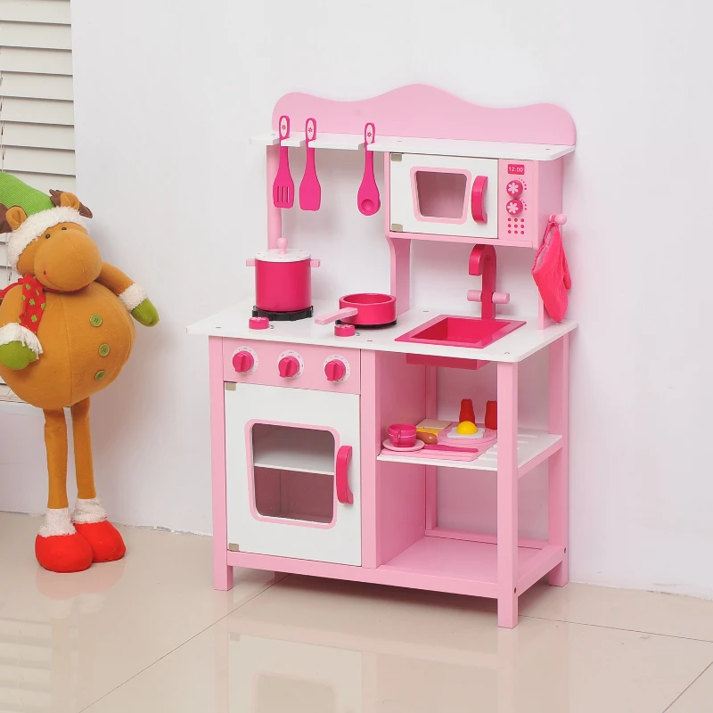 HOMCOM Kids Wooden Play Kitchen Set-Pink