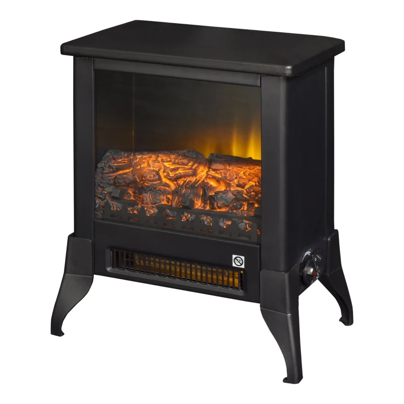 HOMCOM 1800W Freestanding Electric Fire w/ Faux Log Flame Adjustable Heat Thermal Stove Safe Overheating Protection Flame Black