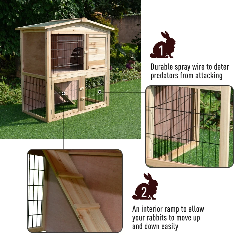 PawHut Rabbit Hutch, 98Lx54Wx100H cm, Fir Wood-Natural Wood Colour