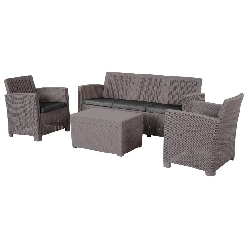 Outsunny Garden PP Rattan Style Sofa Table Set 5 Seater Outdoor Patio 2 Single Chairs & 1 Bench Conservatory Furniture Cushioned - Grey