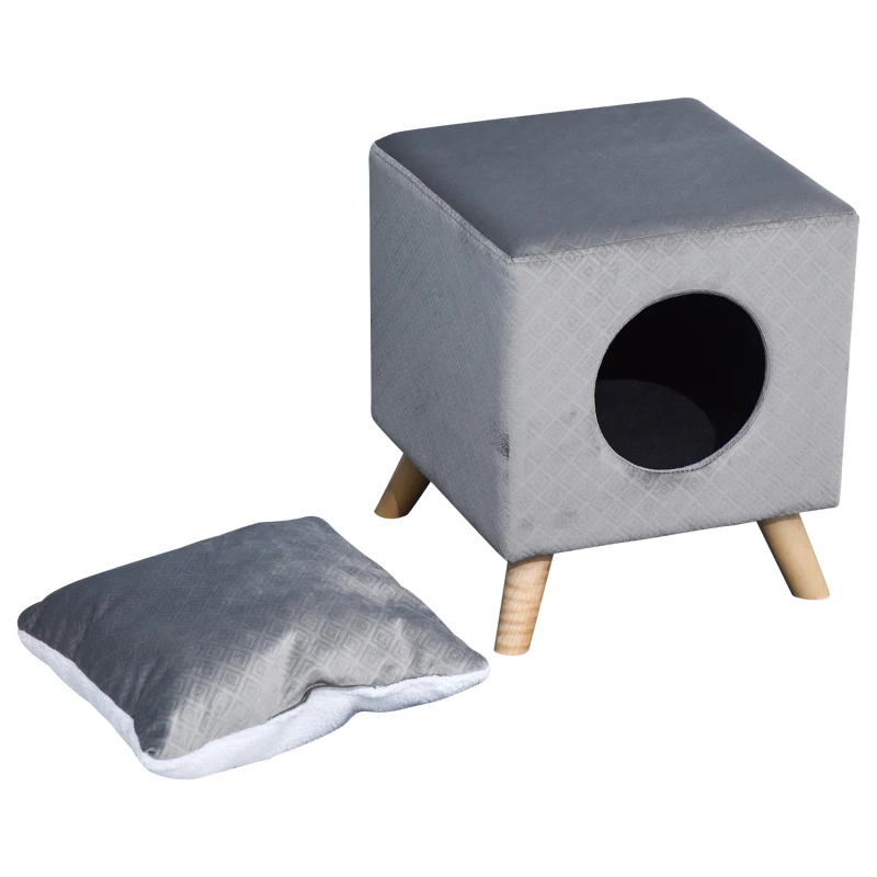 PawHut Elevated Cube Cat Condo Ottoman Bed Pet House Wood Frame Legs Cushion Cat Dog  Home Platform Hutch Grey