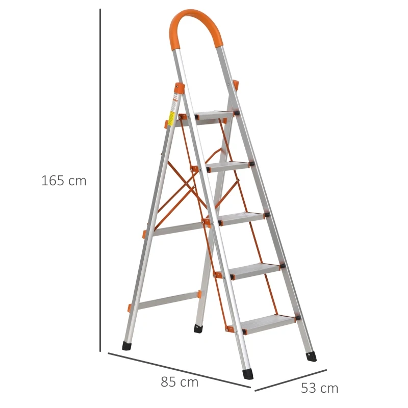 HOMCOM Foldable Aluminum Ladder Herringbone 5-Step Ladder, Non-slip Rubber Feet, Outdoor Working Household Use