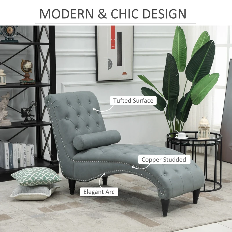 HOMCOM Tufted Chaise Longue Modern Recliner Upholstered Leisure Sofa Chair with Pillow for Living Room, Bedroom