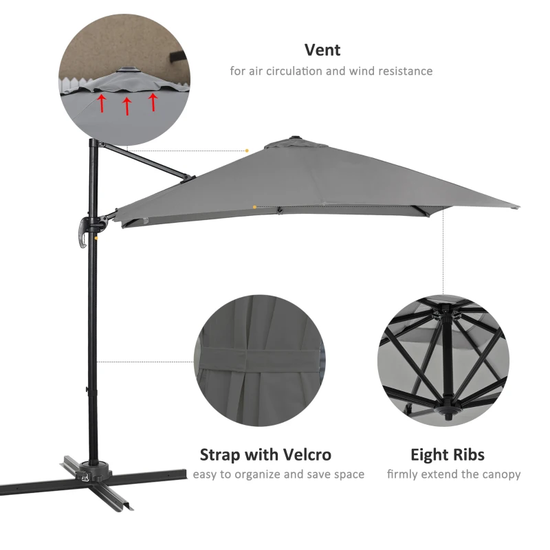 Outsunny 2.7 x 2.7 m Cantilever Parasol, Square Overhanging Umbrella with Cross Base, Crank Handle, Tilt, 360° Rotation and Aluminium Frame, Grey
