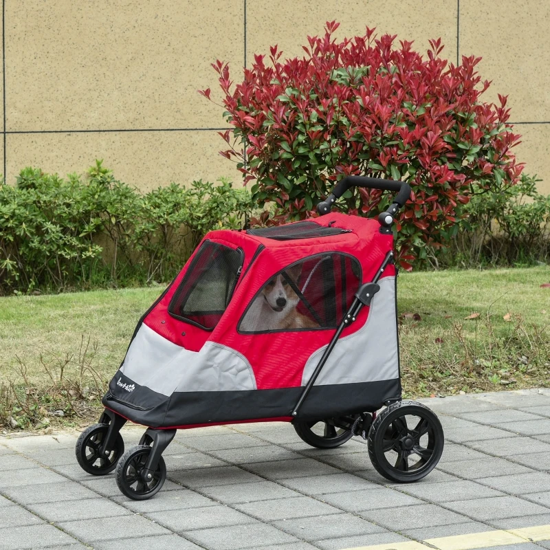 PawHut Dog Stroller Foldable Pet Trolley Pushchair Carrier Adjustable Handlebar for Medium Large Dogs Red