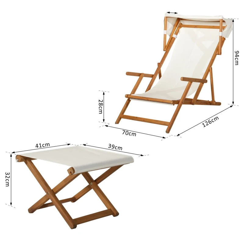 Outsunny Outdoor Garden Wood Frame Folding Deck Chair with Canopy + Footrest Set Adjustable Backrest