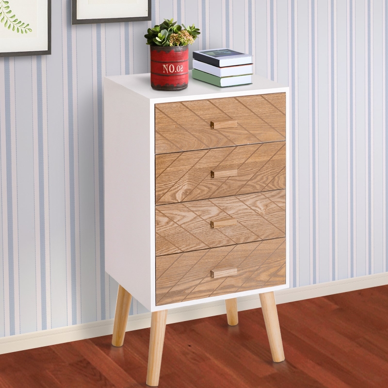 HOMCOM Nordic Style 4 Drawers Side Cabinet, 40Wx30Dx75H cm-White/Natural Wood Colour