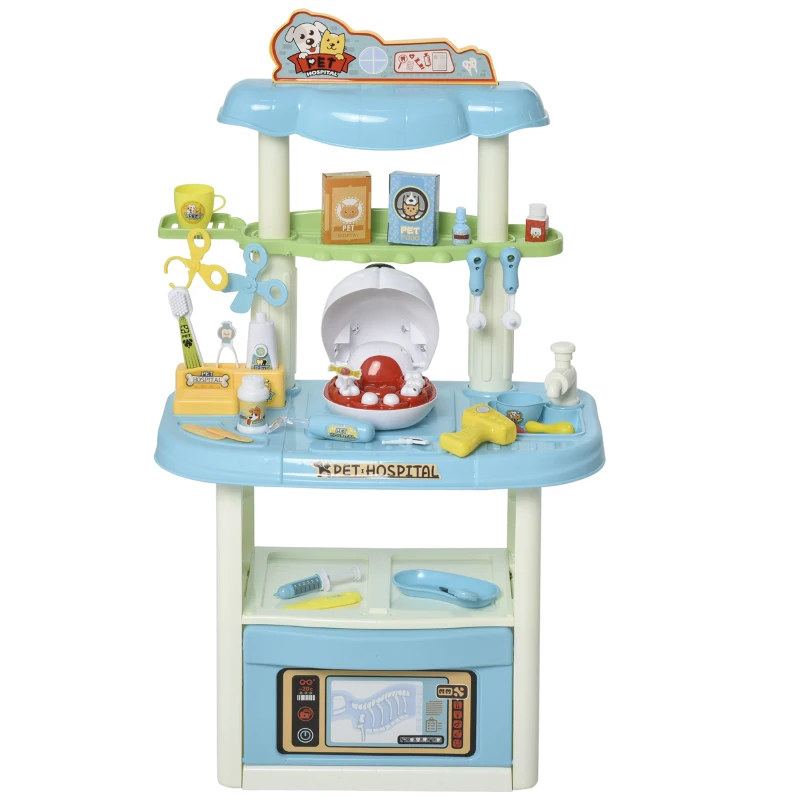 HOMCOM 43 Pcs Kids Children Vet Dentist Hospital Playset w/ Lights Water Tap Plastic Teeth Accessories Medical Toy Centre Pet Doctor Kit