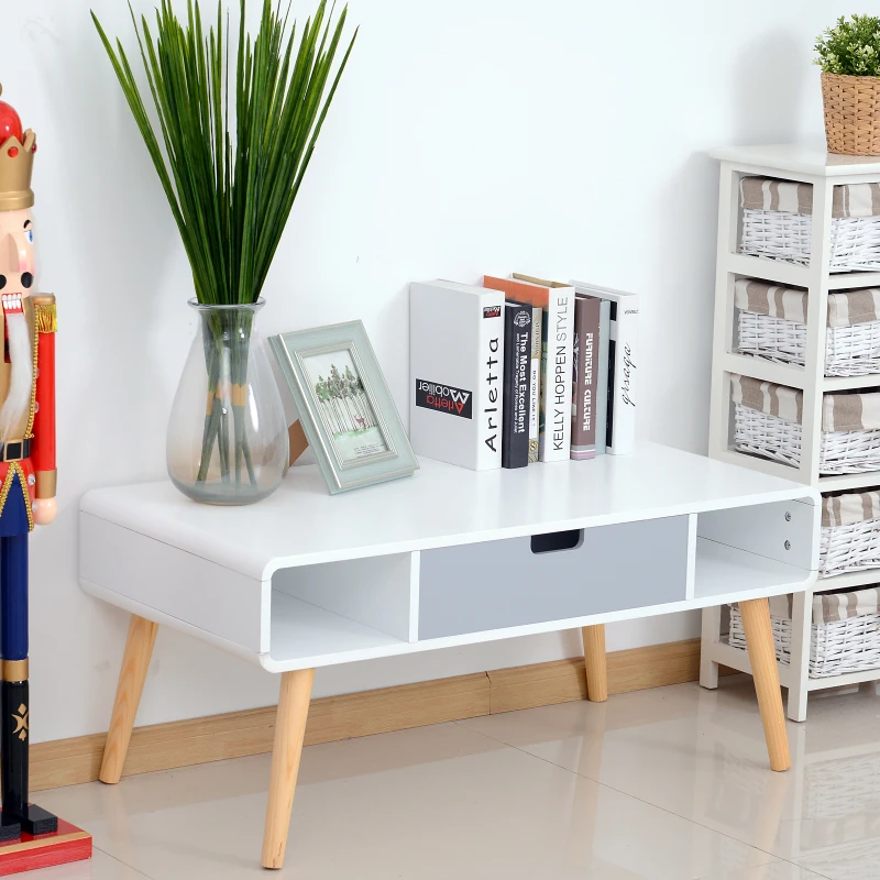 HOMCOM  Wooden Coffee Tea Side Table TV Stand Storage Unit Tapered Legs Desk W/ 1 Drawer Scandinavian Nordic Style