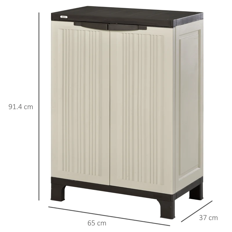 Outsunny Plastic Utility Cabinet Garden Tool Shed Patio Double Door Storage Closet Adjustable Shelves, 65x37x91.4cm, Beige