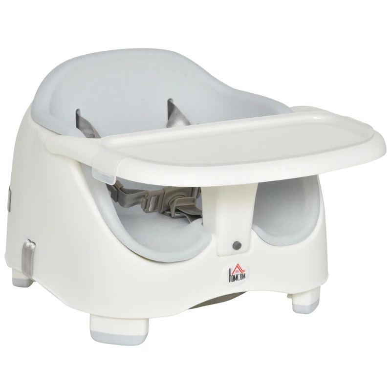 HOMCOM Baby Booster Seat for Dining Portable Toddler Feeding Chair  w/ 3 Point Harness Strap Height Adjustable Removable Cushion Detachable Tray Non-Slip Feet Grey