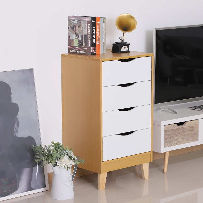 HOMCOM Scandinavian Style Bedside Table W/ 4 Drawers, 48Lx40Dx88H cm-Natural Wood/White Colour