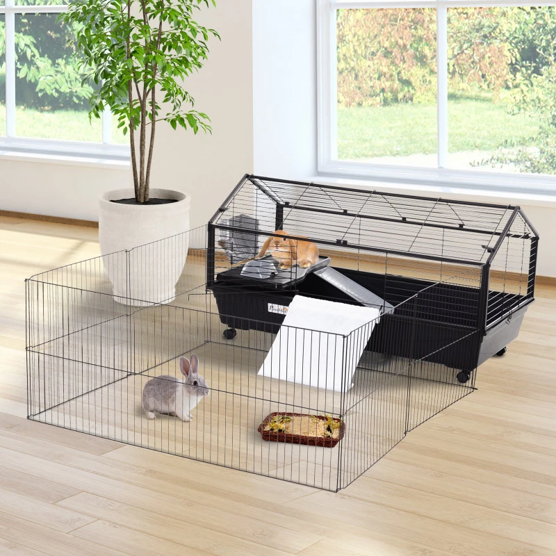 PawHut Small Animal Plastic Cage w/ Metal Wire Removable Run Fence Black