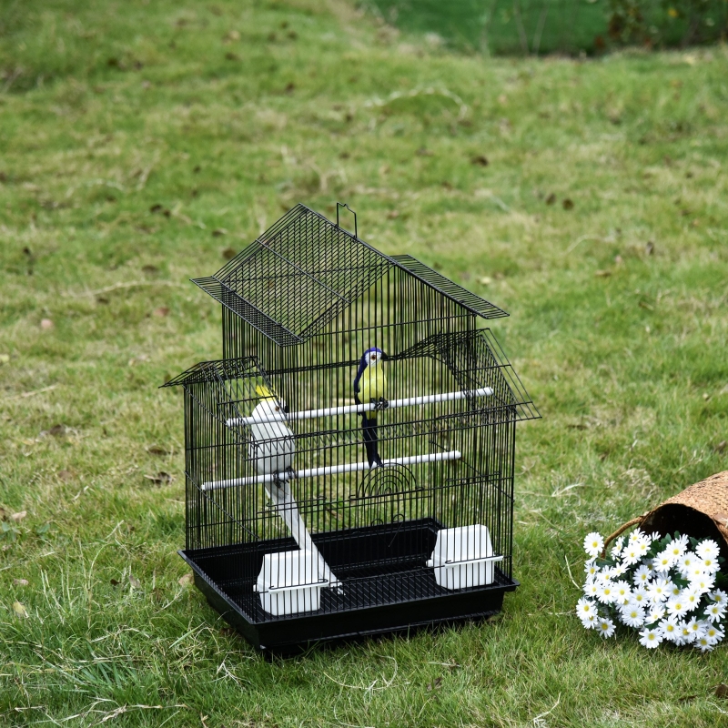 PawHut Metal Bird Cage Parrot Cage w/ Plastic Perch Food Container Handle Small 51 x 40 x 67cm Black