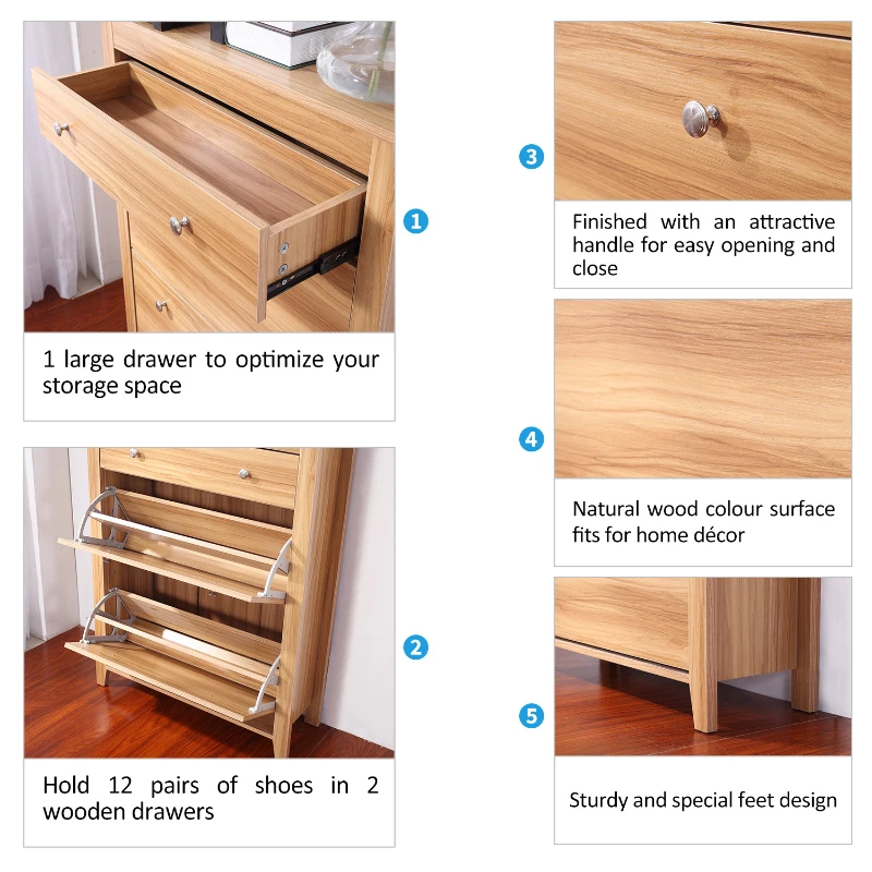 HOMCOM 2 Tier 1 Drawer Shoe Cabinet-Oak