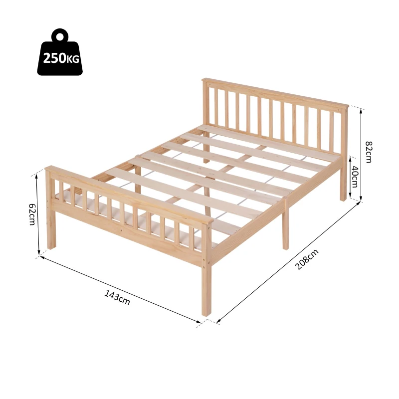 HOMCOM Double Bed Solid Pine Wooden Frame, 208L x 143W x 82Hcm-Natural Wood Colour