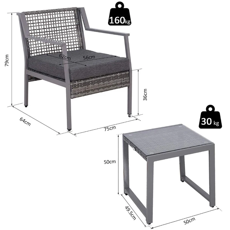 Outsunny 3 Pcs Garden Rattan Bistro Set W/Cushions-Grey