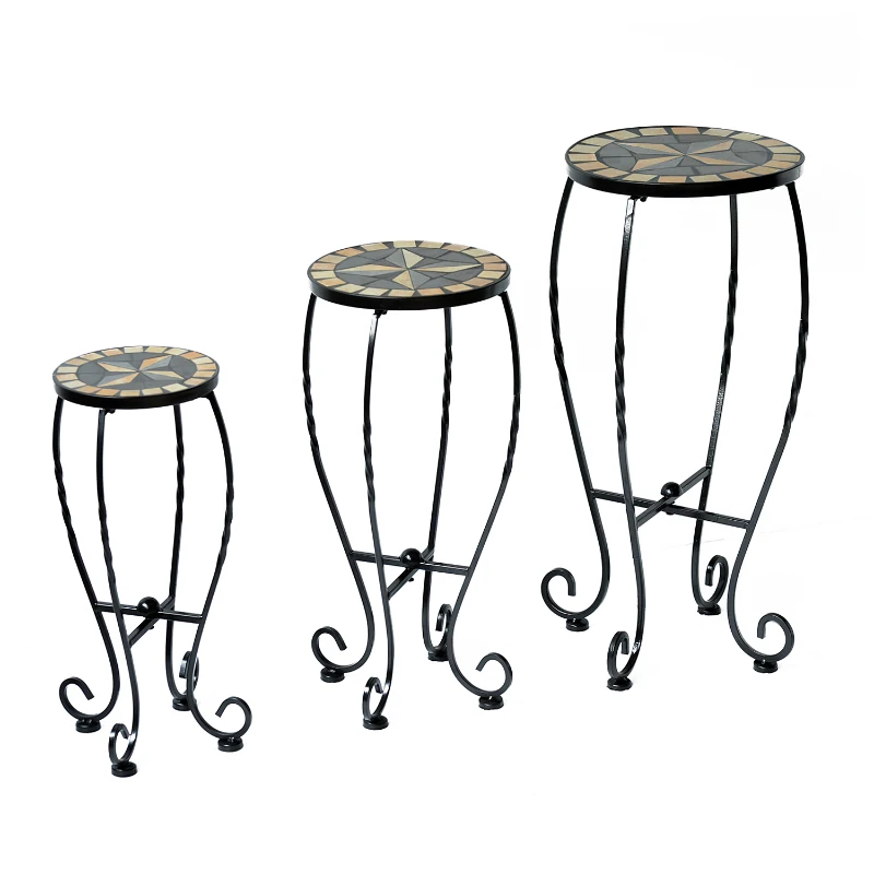 Outsunny 3 Pcs Plant Stand Table Set W/Mosaic Pattern-Black Iron