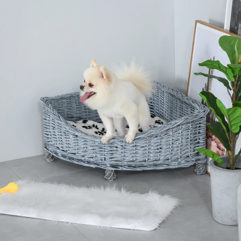PawHut Wicker Raised Dog Bed Cat Sofa Elevated Couch Lifted Corner with Soft Plush Cushion Elevated Base Grey 58 x 58 x 28cm