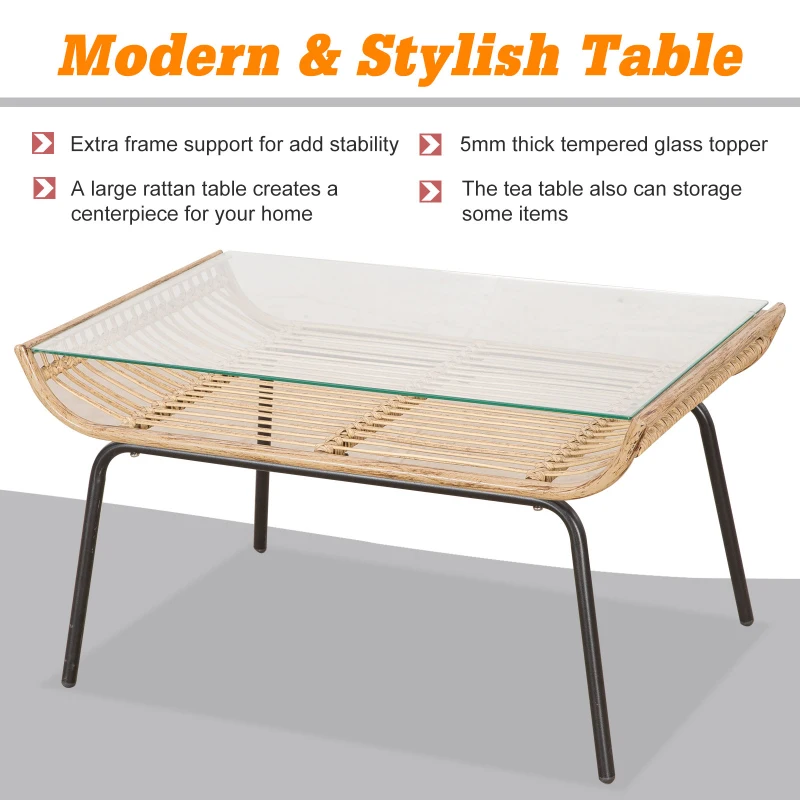 Outsunny 4 Pcs Webbed PE Rattan Sofa Set Unique Smooth Curved w/ Sofa 2 Armchairs Statement Table Glass Top Soft Thick Cushions Garden Outdoor Furniture Beige Pink