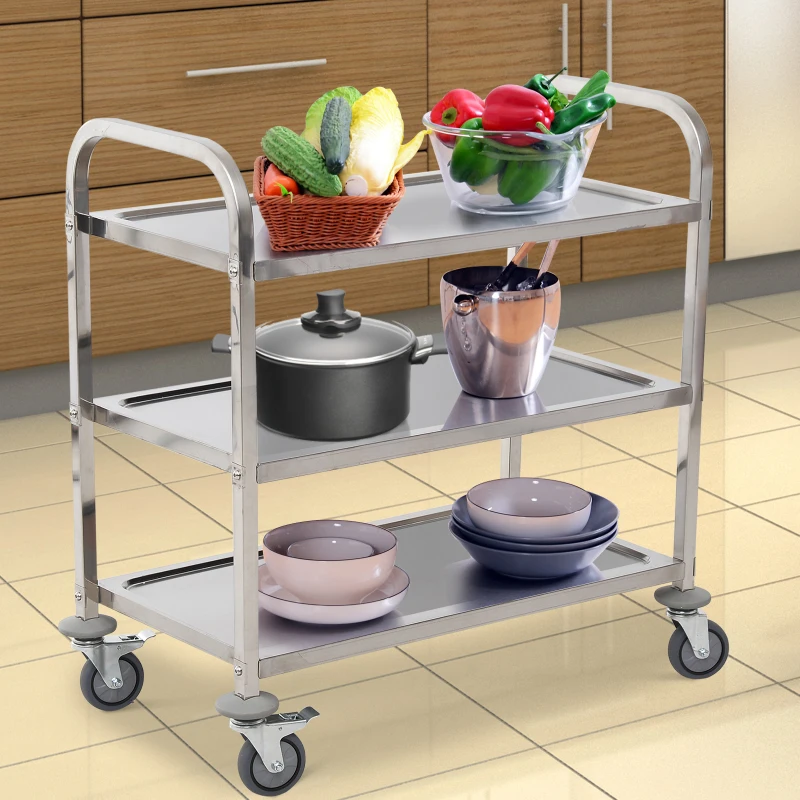 HOMCOM 3-Tier Rolling Kitchen Island, Stainless Steel, 85Lx45Wx90H cm-Silver