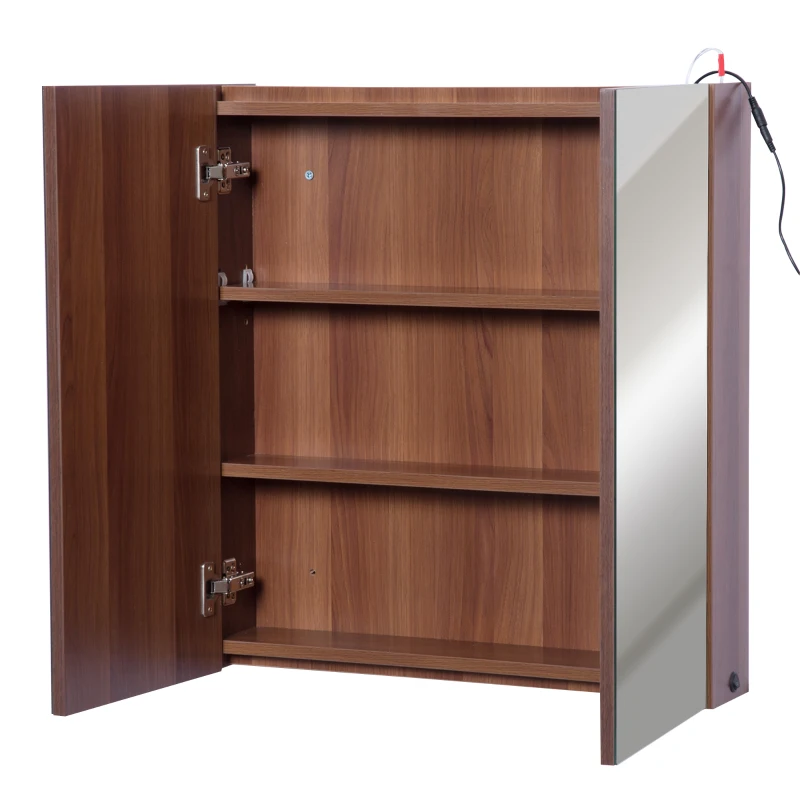 Kleankin Wall-Mount Bathroom LED Mirrored Cabinet, 63Wx68Hx13.5T cm-Light Walnut