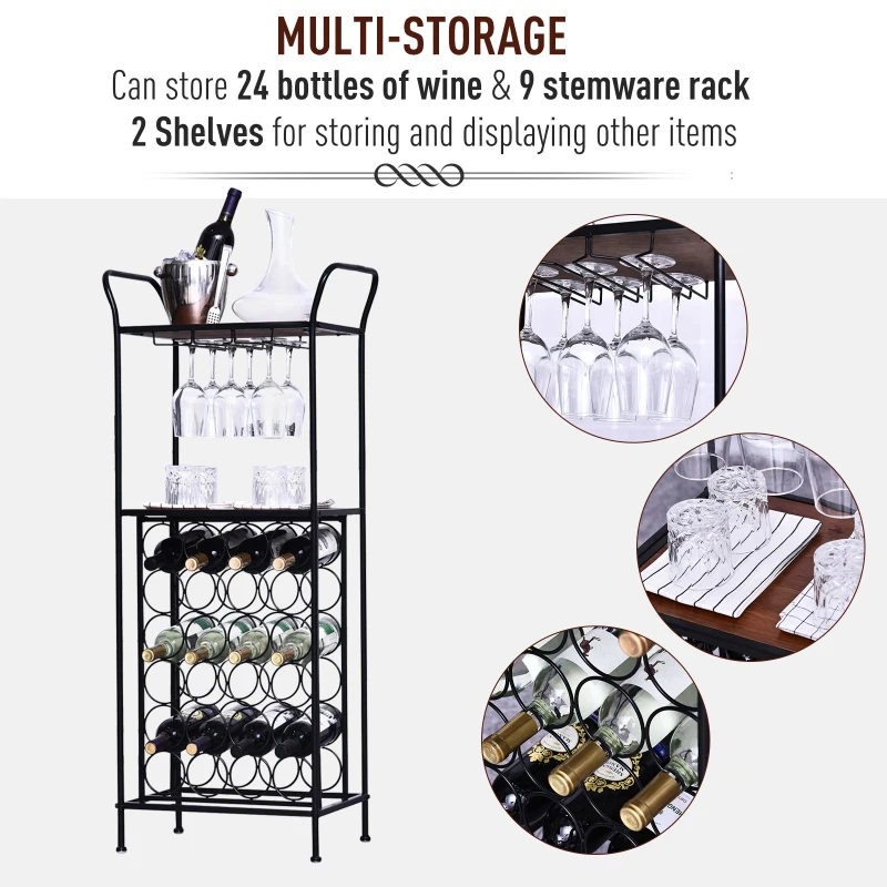 HOMCOM Metal Frame 24 Bottle Wine Rack Unit w/ Pine Wood Table Top Black Brown