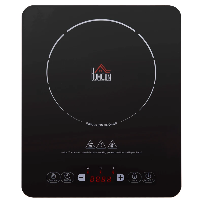 HOMCOM Portable Induction Hob Induction Cooker 2000W Single Hot Plate Electric Cooktop with 8 Power & Temperature Levels 4H Timer Child Lock Sensor Touch LED Display Ceramic Glass Panel