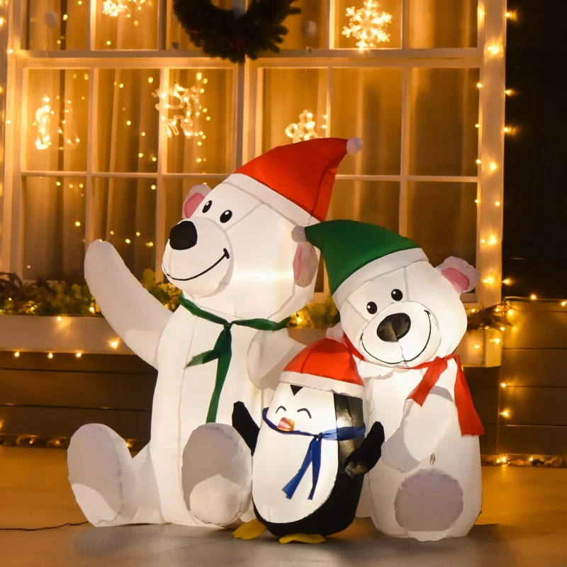 HOMCOM 4ft Christmas Inflatable Decoration with Two Bears and Penguin Light Up Outdoor Blow Up Decorations Xmas Decor for Holiday Party Garden