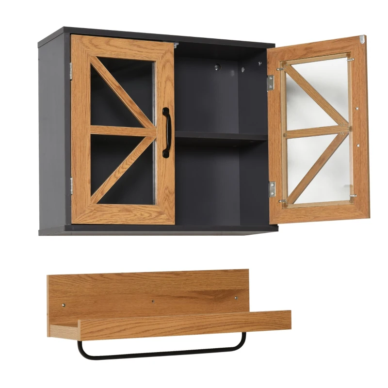 kleankin 2 Pcs Retro Bathroom Cabinet & Towel Rail Set On-Wall Organiser w/ Shelf Metal Hanger Glass Panels Handles Home Style Furniture