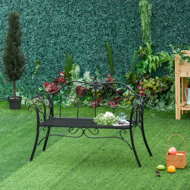 Outsunny 2 Seater Garden Bench, Antique Outdoor Double Seat Chair with Decorative Cast Iron Backrest for Backyard Porch, Black