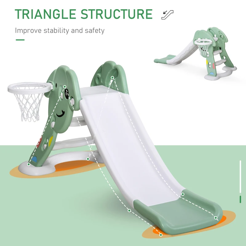 HOMCOM Kids Slide with Basketball Hoop Toddler Climber Freestanding Slider Playset Playground Slipping Slide Indoor Outdoor Exercise Toy Activity Center for 18-48 Months Green