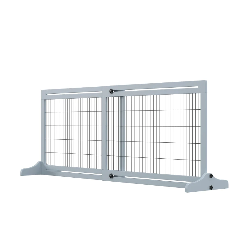 PawHut Freestanding Dog Gate, Foldable Pet Fence, Indoor Wood Barrier, Stair Gate with Support Feet, for Doorway, Hallway, Small and Medium Dogs, 69H x 104-183 cm, Blue-grey