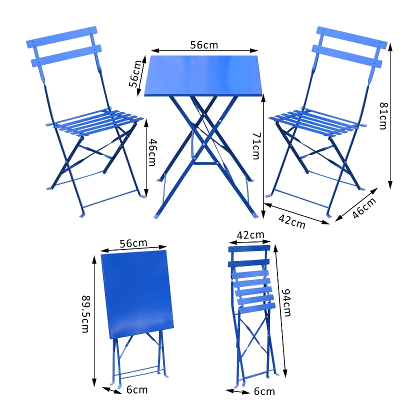 Outsunny 3 pcs Folding Table Metal Bistro Set Blue aosom.co.uk