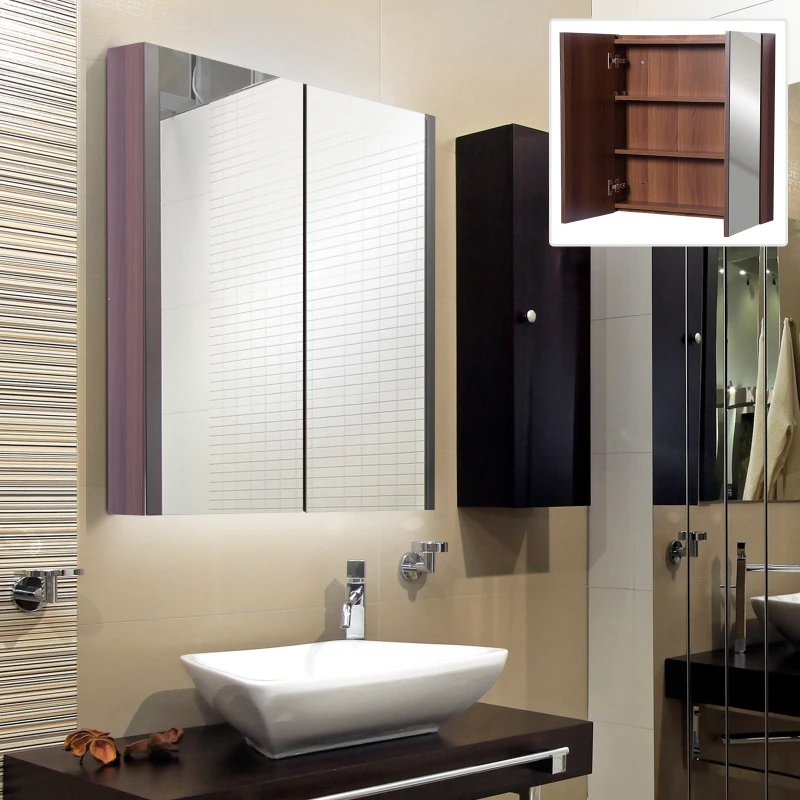 Kleankin Wall-Mount Bathroom LED Mirrored Cabinet, 63Wx68Hx13.5T cm-Light Walnut