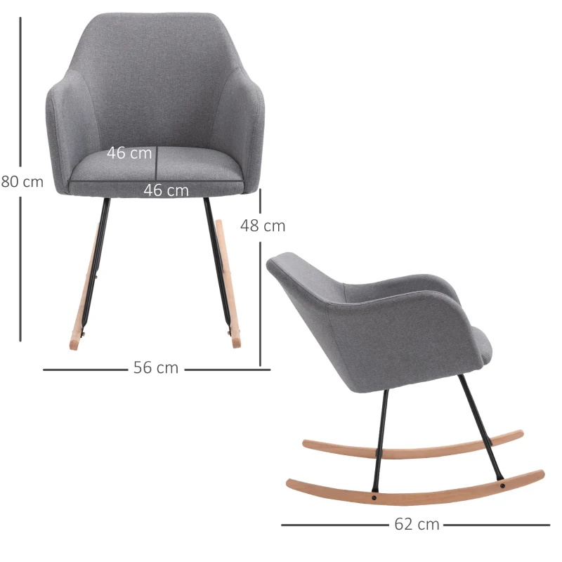 HOMCOM Linen Look Rocking Chair w/ Solid Wood Curved Legs Padded Seat Comfortable High Back Home Furniture Bedroom Living Room Relaxation Seat Dark Grey