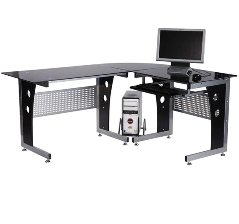 HOMCOM Bureau d'Angle en Verre Fumé Trempé Noir