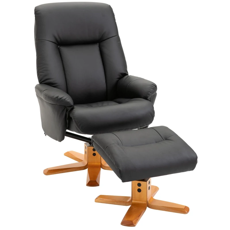 HOMCOM PU Leather Recliner Armchair & Footrest 2 Pcs Duo Set Black