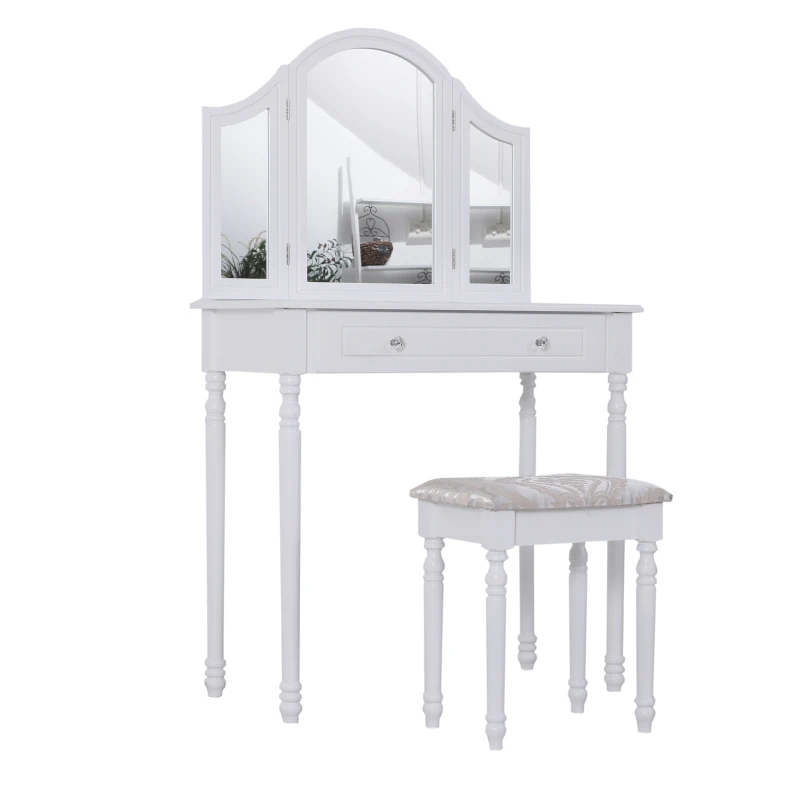 HOMCOM Dressing Table Set W/ Stool and Mirrored Desk-White