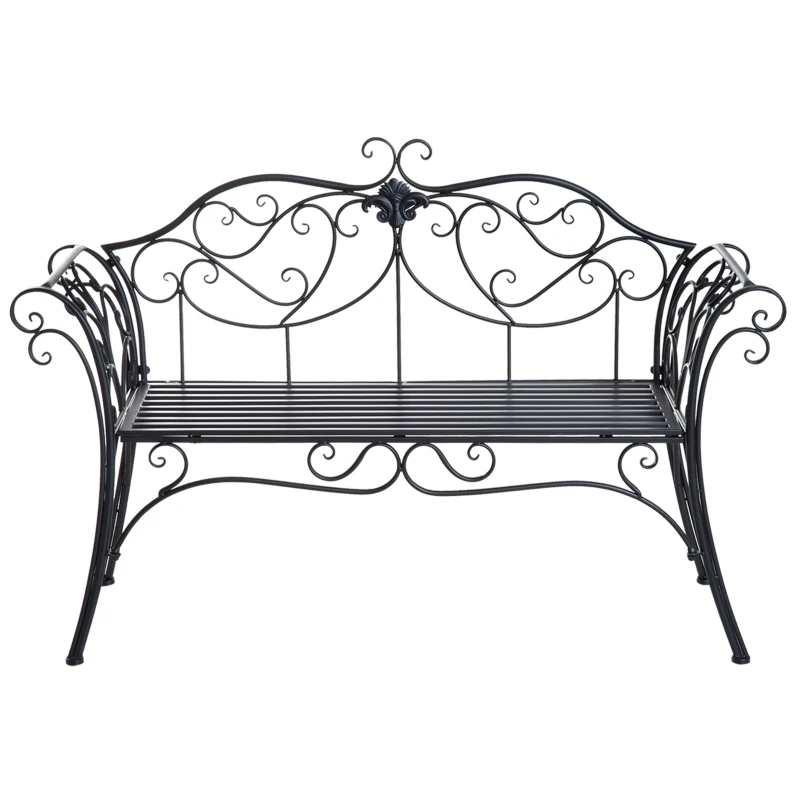 Outsunny 2 Seater Garden Bench, Antique Outdoor Double Seat Chair with Decorative Cast Iron Backrest for Backyard Porch, Black