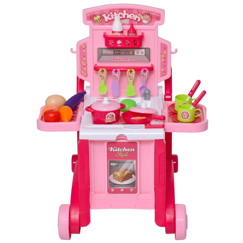 HOMCOM Kids Pretend Play Plastic Kitchen Playset Pink