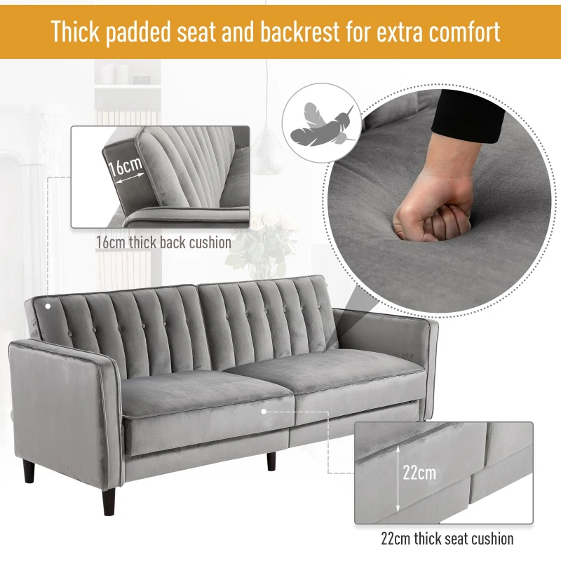 HOMCOM Sofa Bed Adjustable Back Thick Cushions, 205W x 98D x 98Hcm-Grey