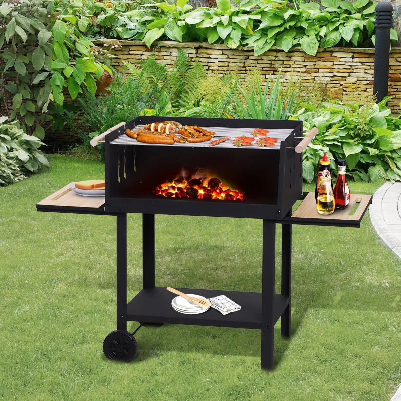 Outsunny Charcoal BBQ Grill, Cold-Rolled Iron, Fir Wood, 138Lx52.5Wx101H cm-Black