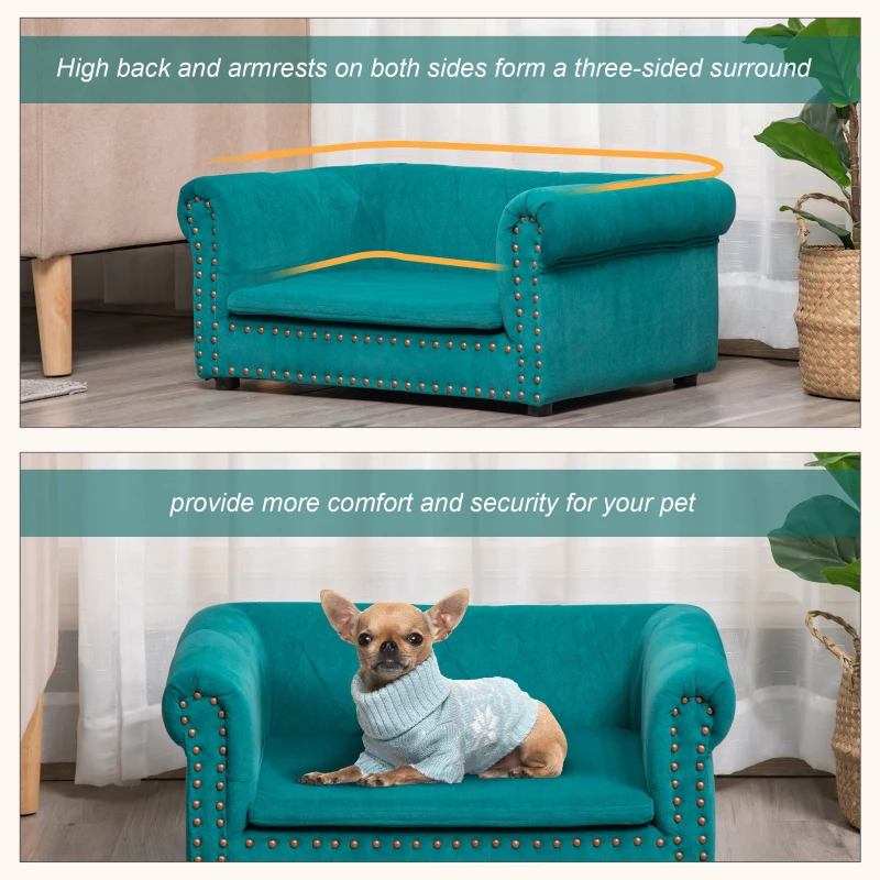 PawHut Dog Sofa with Soft Cushion, Pet Bed Cat Chair Couch with Water Resistant Fabric, Sponge Padded, Washable Cover, Easy Installation, Wooden Legs for Mini Sized Dogs - Green