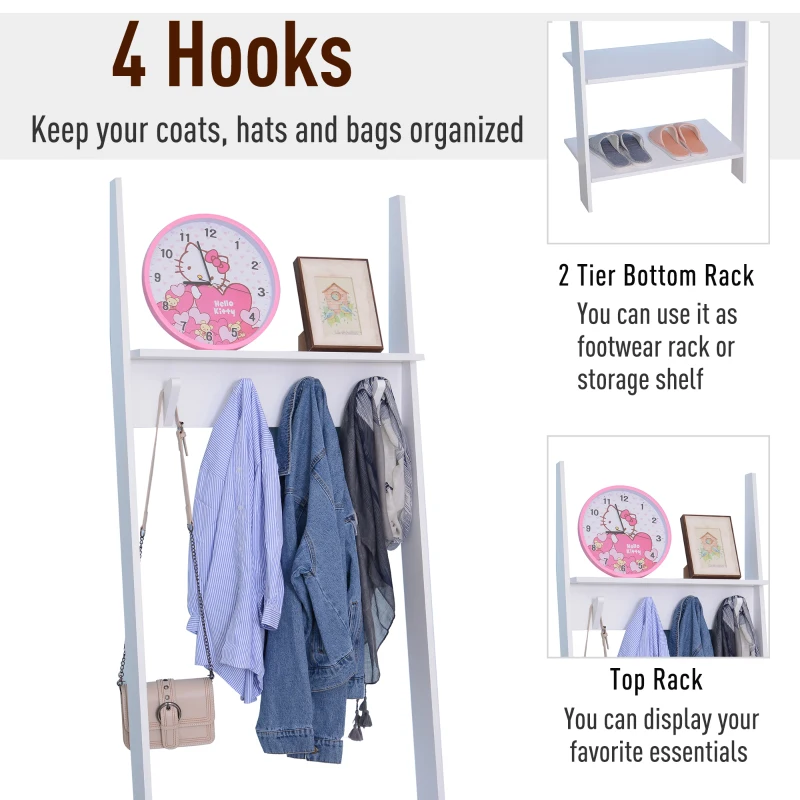 HOMCOM 3-Tier Ladder Clothes Rack W/4 Hooks-White