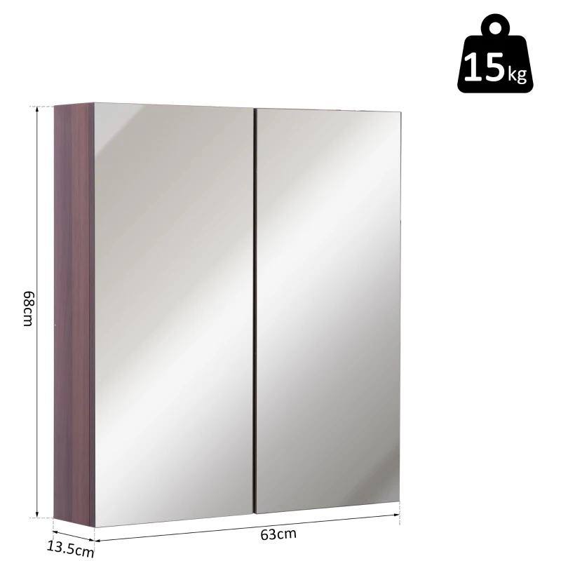 Kleankin Wall-Mount Bathroom LED Mirrored Cabinet, 63Wx68Hx13.5T cm-Light Walnut
